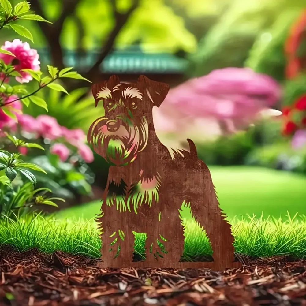 

Rusty colored metal garden stake with a Schnauzer on top - a classic design for pet memorials and yard decorations