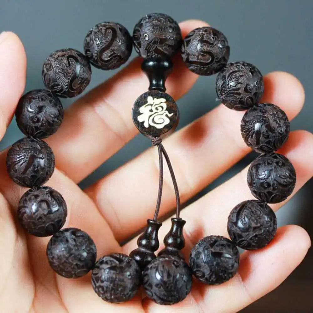 15MM Ebony Carved dragons phoenixes Cuff Mala  Lucky Bracelet Women Yoga Calming Men's Inspiration Handmade Prayer