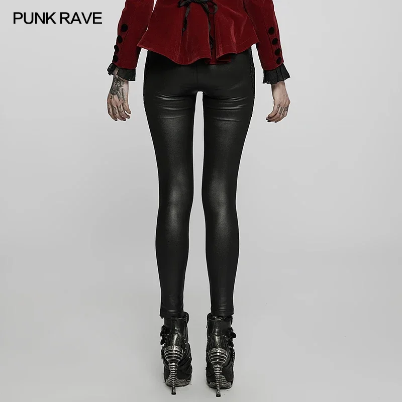 PUNK RAVE-Leggings gothiques exquises pour femmes, appliques élastiques, pantalons évidés sexy, pantalons simples et doux, noir et rouge, punk