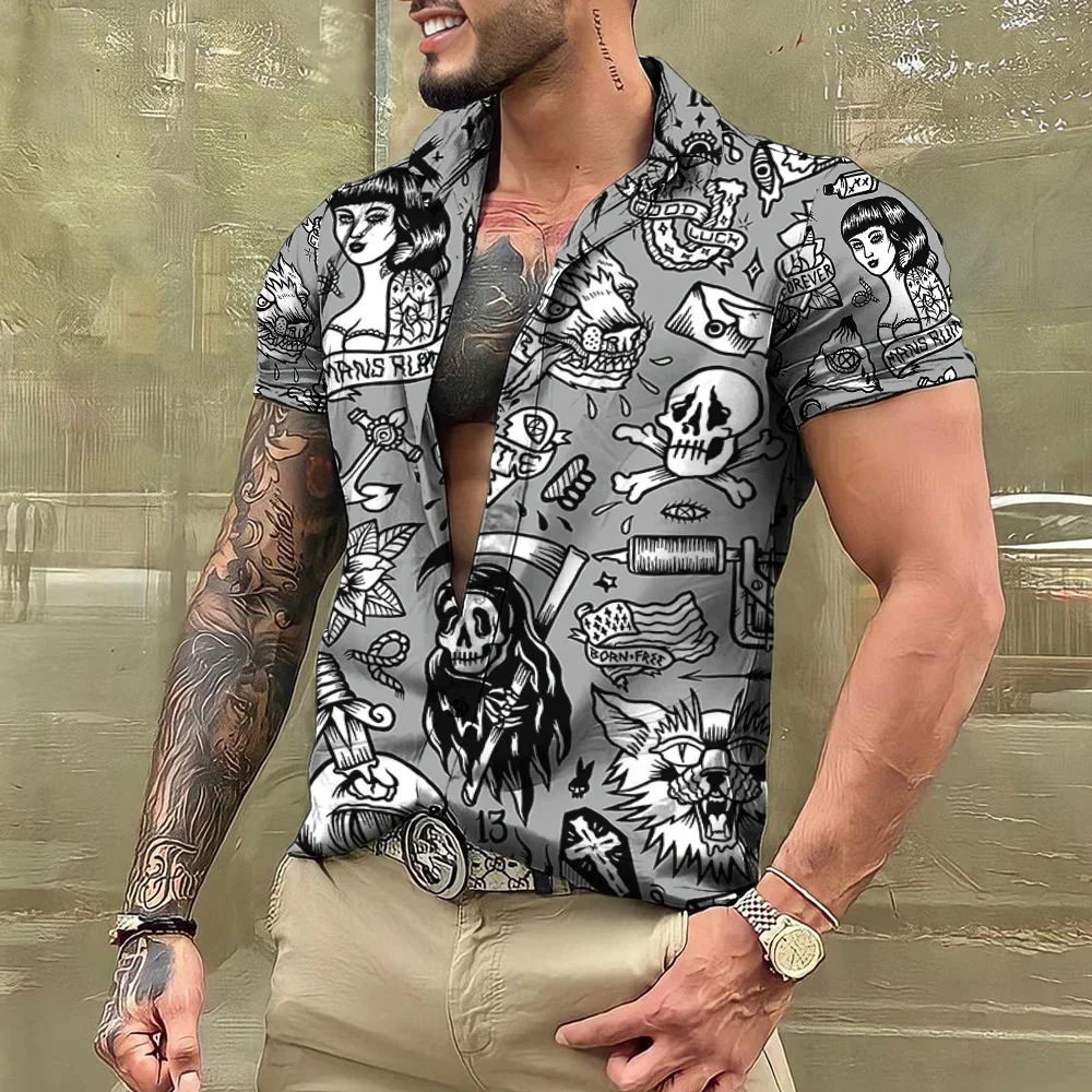 Summer Casual Men Shirt Black White Retro Tattoo Skull Animal Figure Art Pattern Short Sleeve Lapel Loose Fit Unisex Vacation