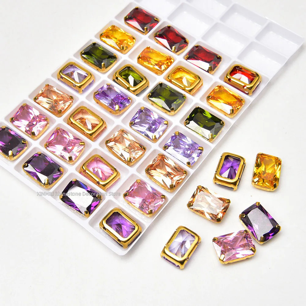 

Блестящий циркон со стразами, прямоугольный кристалл 10*14 мм с золотым когтем, пришитая отделка для одежды, аксессуары для украшения свадебного платья