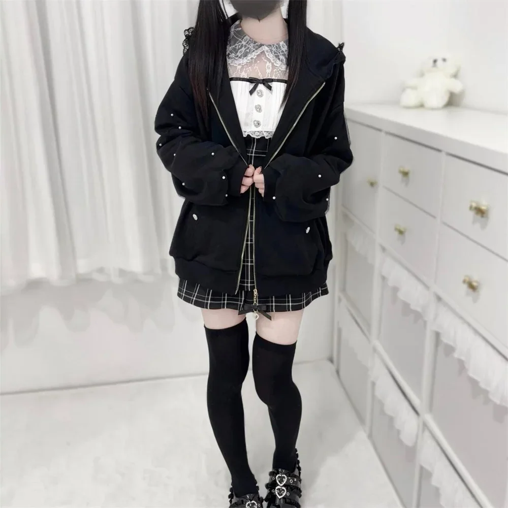 2025 Spring Sweet Cute Japanese Mine Loose Zipper Hoodie Coat Bunny Ears Hooded Lace-up Bow Pearl Decorative Long Sleeve