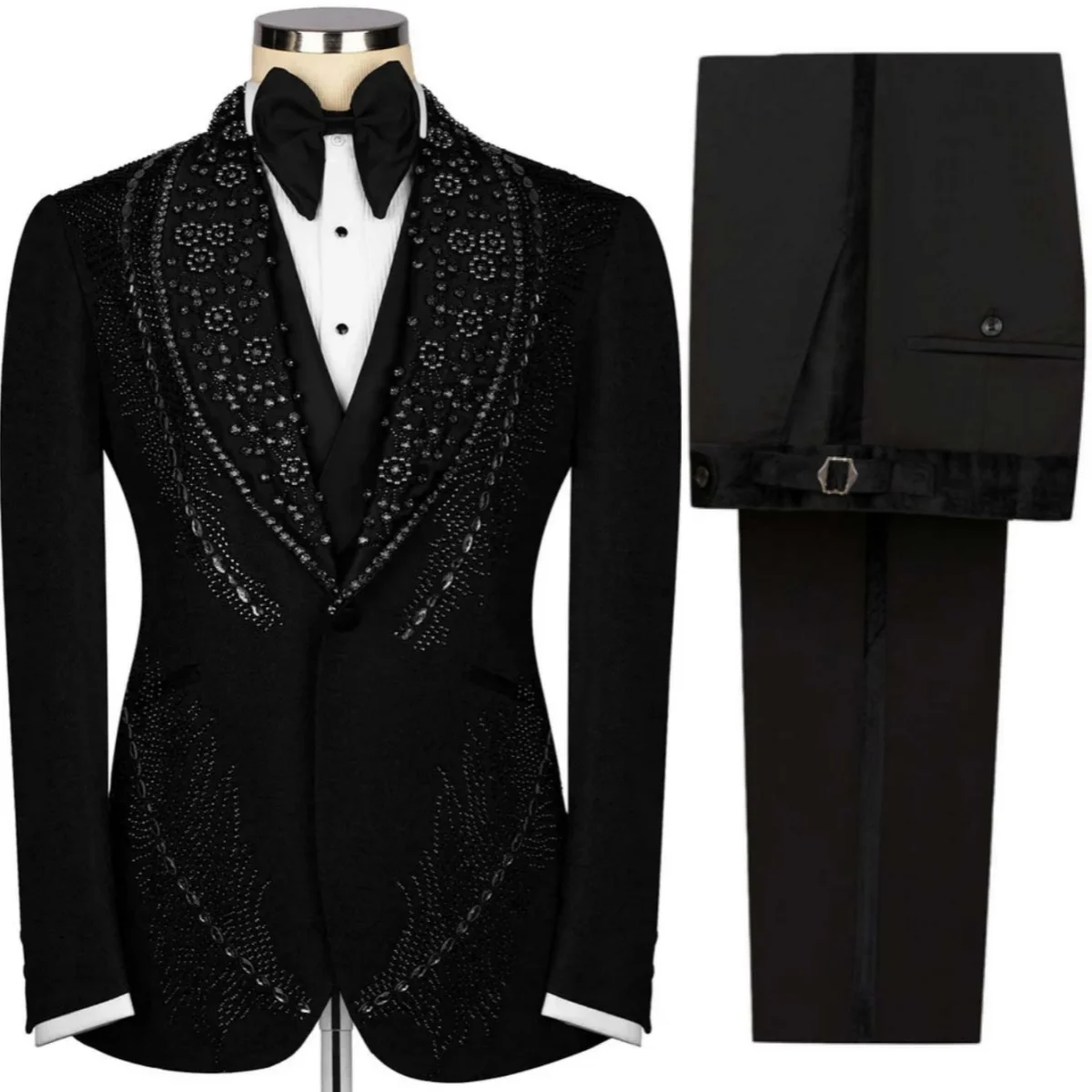 

Luxury Wedding Tuxedos Crystal Beaded 2 PCS Jacket Pants Men Suit Fashion Shawl Lapel Single Breasted Groom Coat Customized