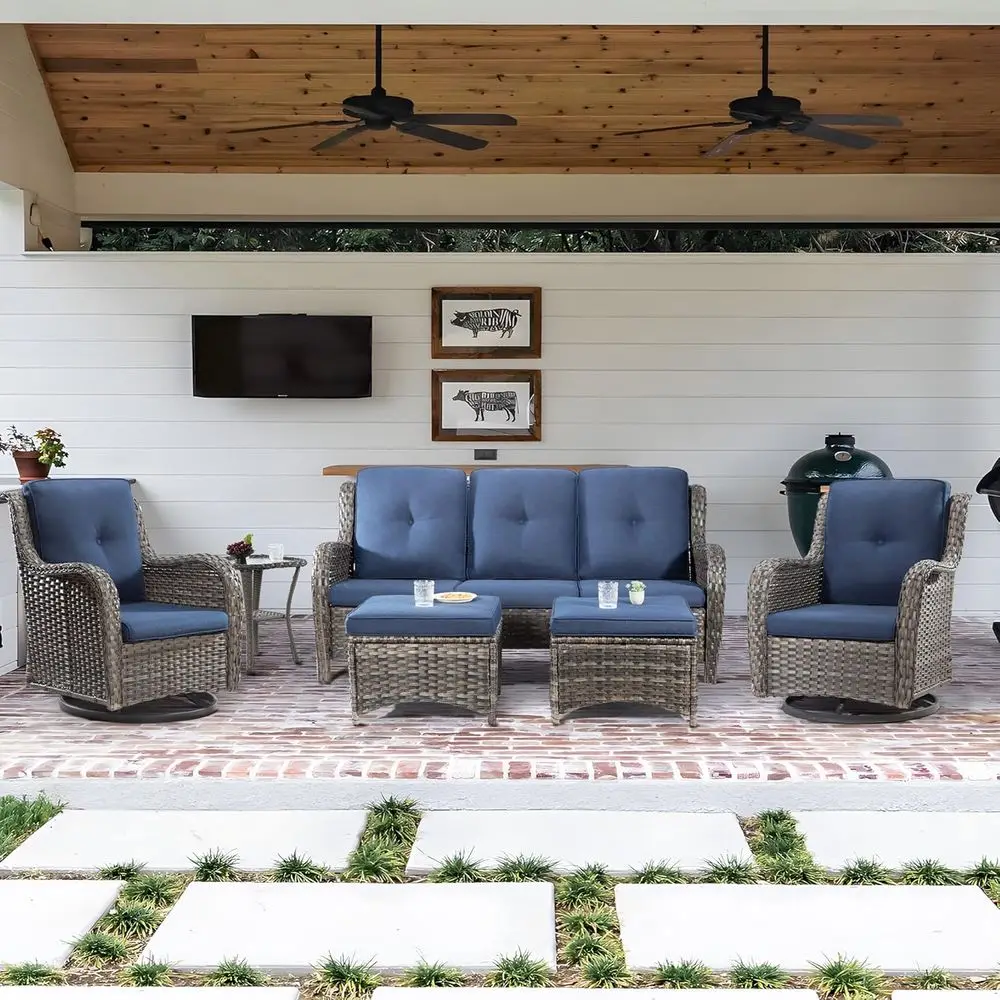 

6-Piece Wicker Patio Furniture Set: 3-Seat Sofa, 2 Swivel Rockers, 2 Ottomans, Side Table in Mixed Grey/Blue