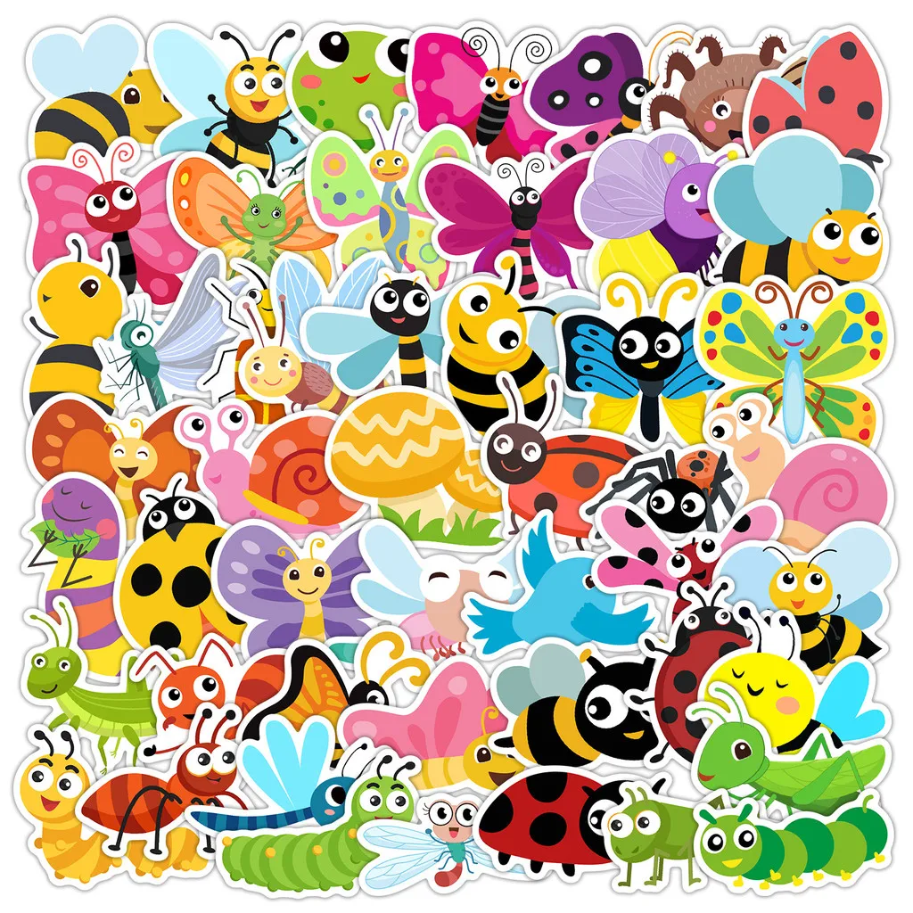 50 pegatinas de grafiti de insectos de dibujos animados, decoración impermeable para vasos de agua y equipaje, tienda de pegatinas BulingBulingStickers