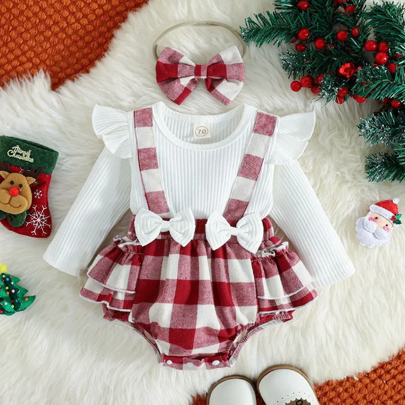 Christmas Baby Clothes Long Sleeve Red Plaid Romper Dress Newborns Christmas Dress Hairband Costume New Year Baby Clothes