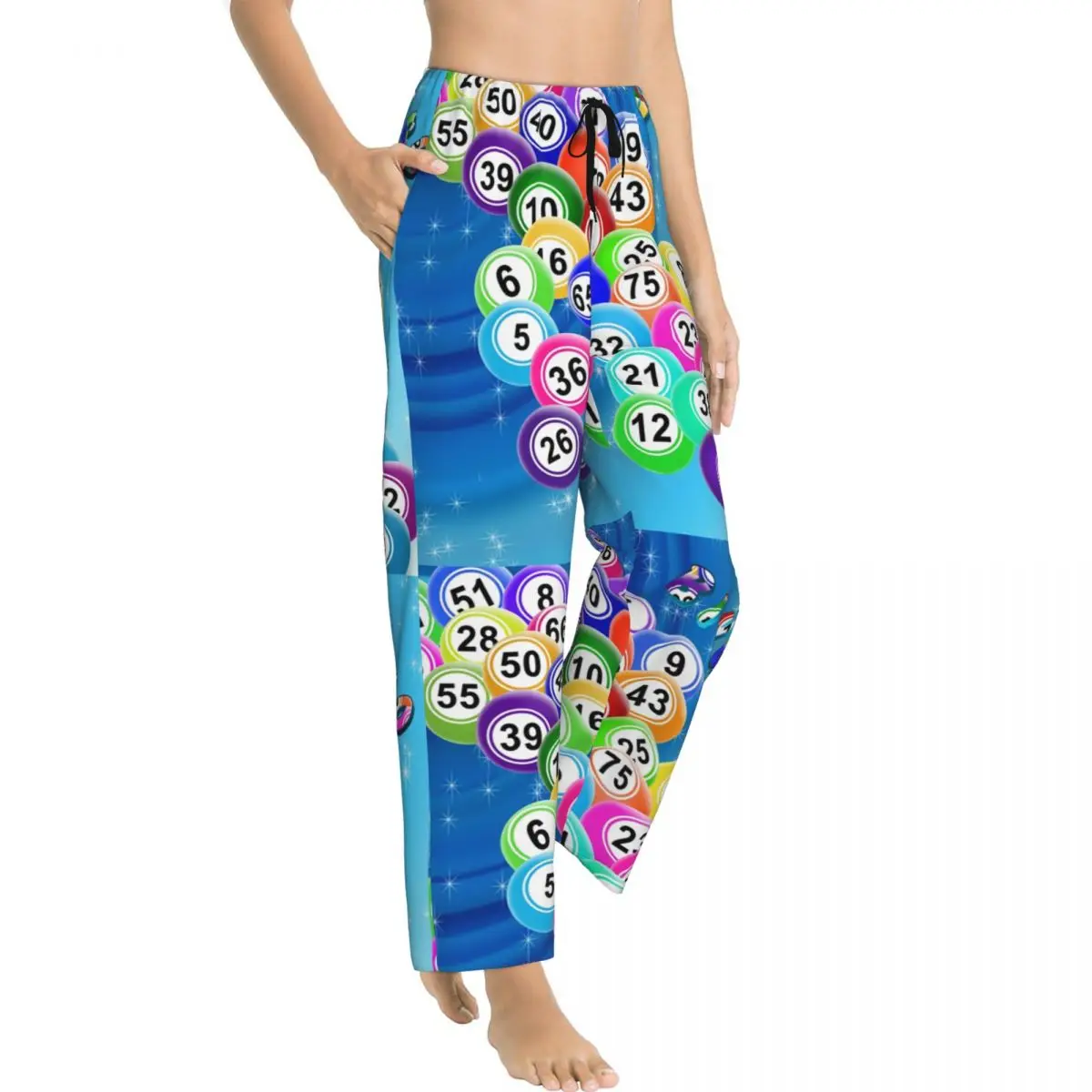 Custom Bingo Balls Pajama Pants Sleepwear Women's Elastic Waistband Paper Game Sleep Lounge Bottoms with Pockets