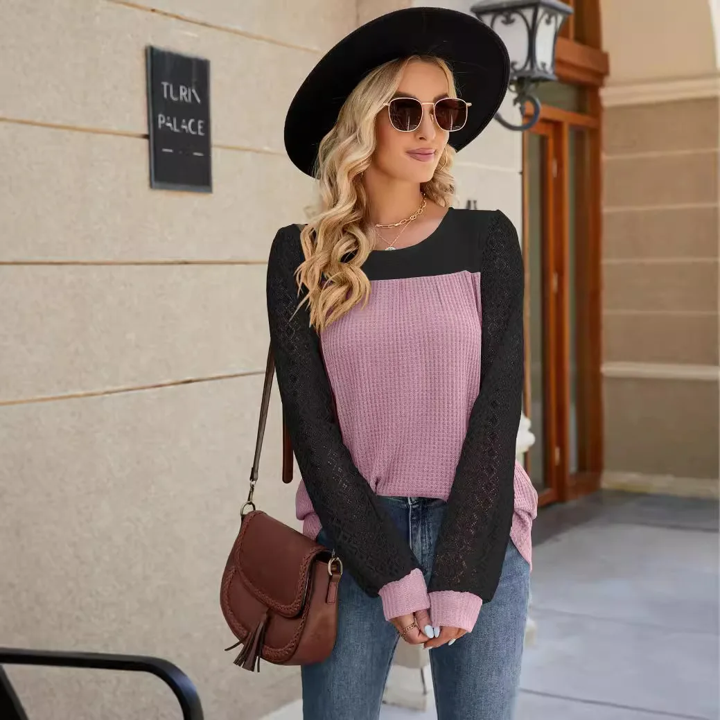 Autumn 2025 Color Blocked Waffle Top Round Neck T-shirt For Women Lace Checkered Long Sleeved Contrasting Splicing Top