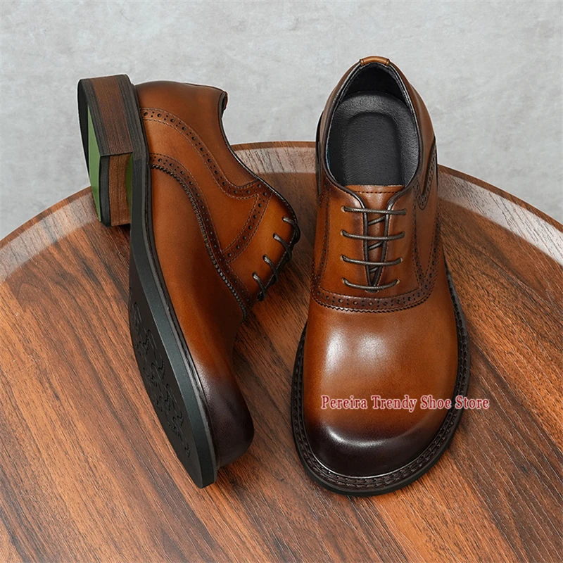 Round Toe Thick Soled Derby Shoes for Men British Style Genuine Leather Casual Business Shoes Summer Versatile Comfortable Shoes