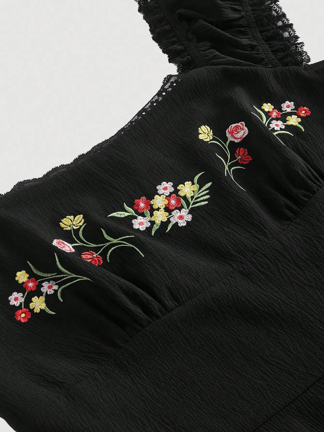 Black Floral Embroidered Square Neck Midi Dress with Ruffled Cap Sleeves
