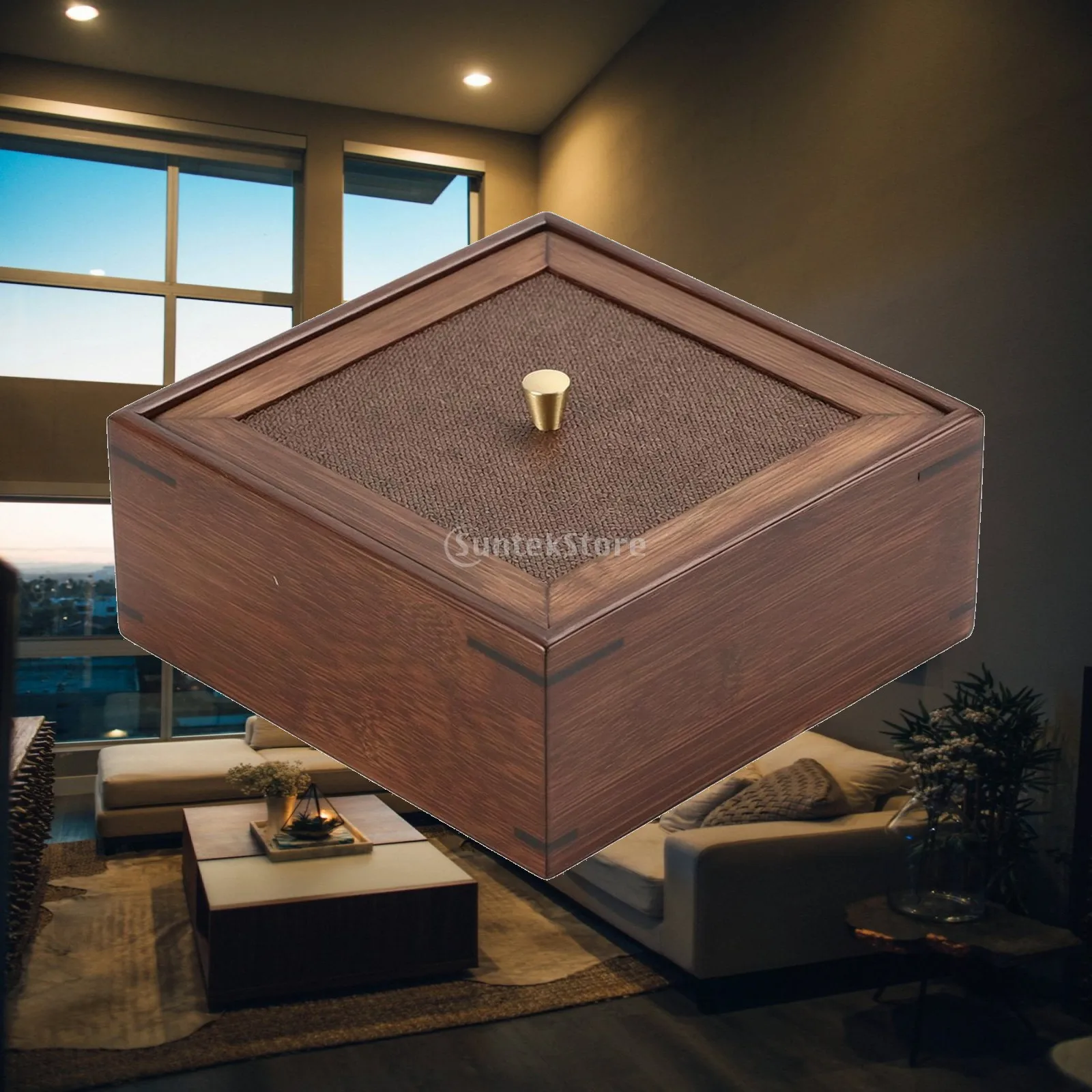 Square Wooden Box with Knob Decorative Wooden Storage Box with Lid Slim Compact for Collectors, Vanity, Living Room