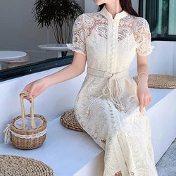 Luxury Boho Party 2022  A-Line Vintage High Waist Dresses for Women Embroidery Runway Autumn Spring Woman Dress Lace Elegant