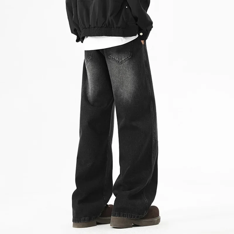 Celana Jeans Pria Model Vintage Amerika, Warna Solid, Kasual Trendy, Kaki Lebar, Longgar, Lurus, Dasar Sederhana