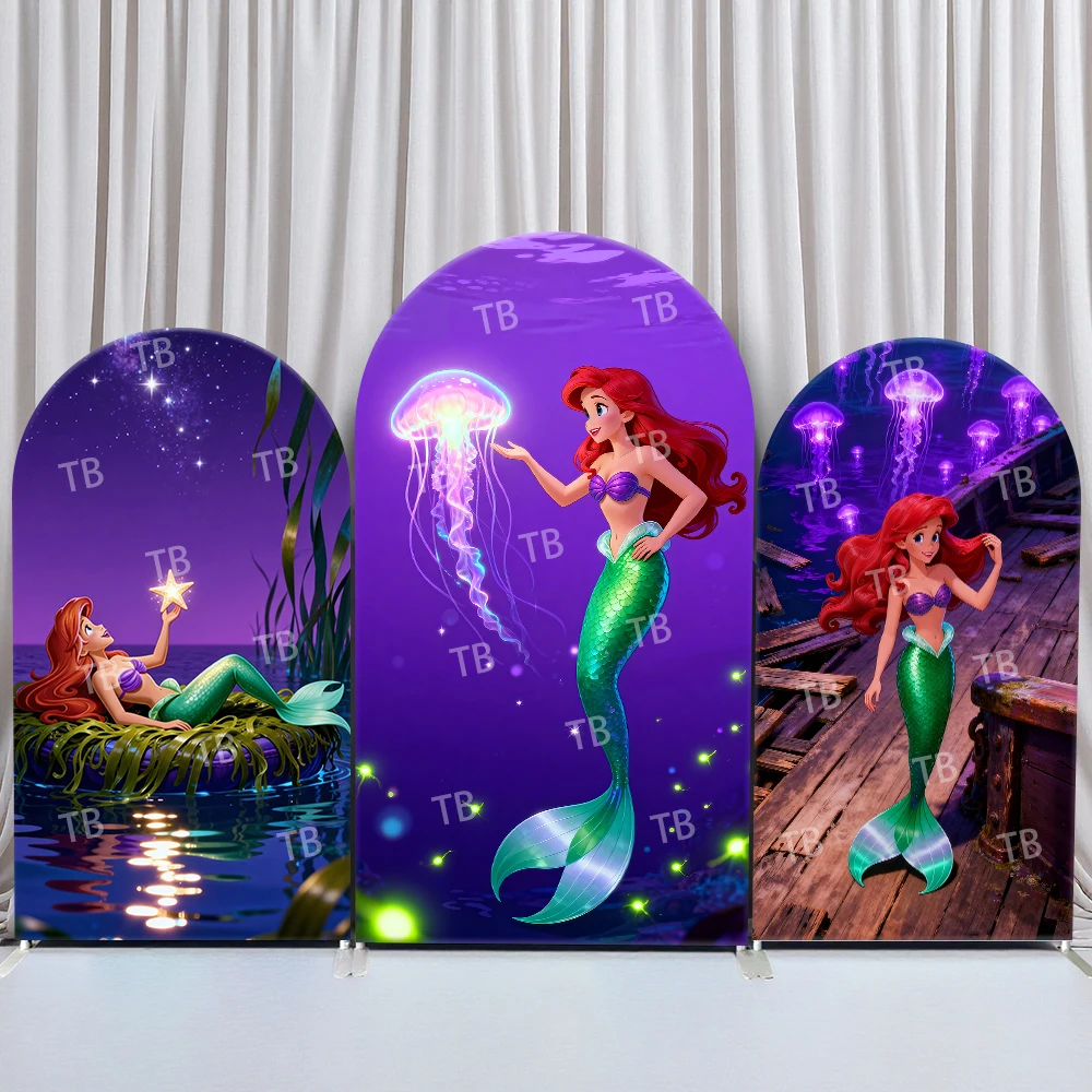 

Disney Ariel Arch Backdrop Cover Underwater Glowin Star Night Scene for Birthday and Baby Shower Party Photo Booth Decor Props