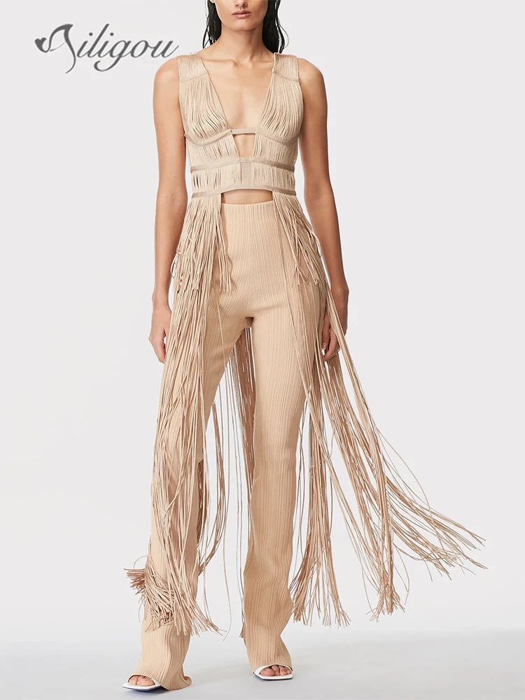 

Ailigou 2022 New Women's Sexy V-neck Sleeveless Tassel Tight Long Bandage Dress Women's Fashion Evening Club Elegant Dress