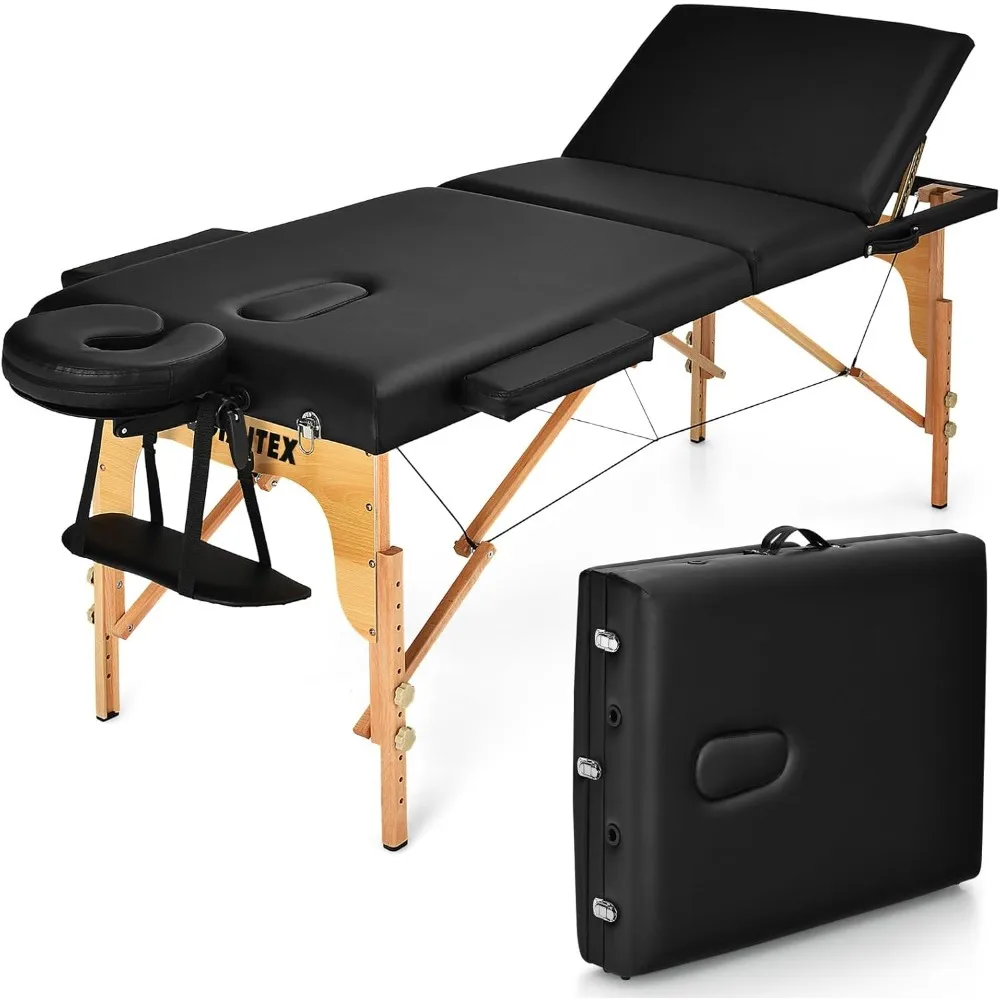 Giantex-Table de massage pliante, lit de cils, portable, 3 spams, spa, salon de tatouage, berceau pour le visage, accoudoirs, pieds en bois, 84 po