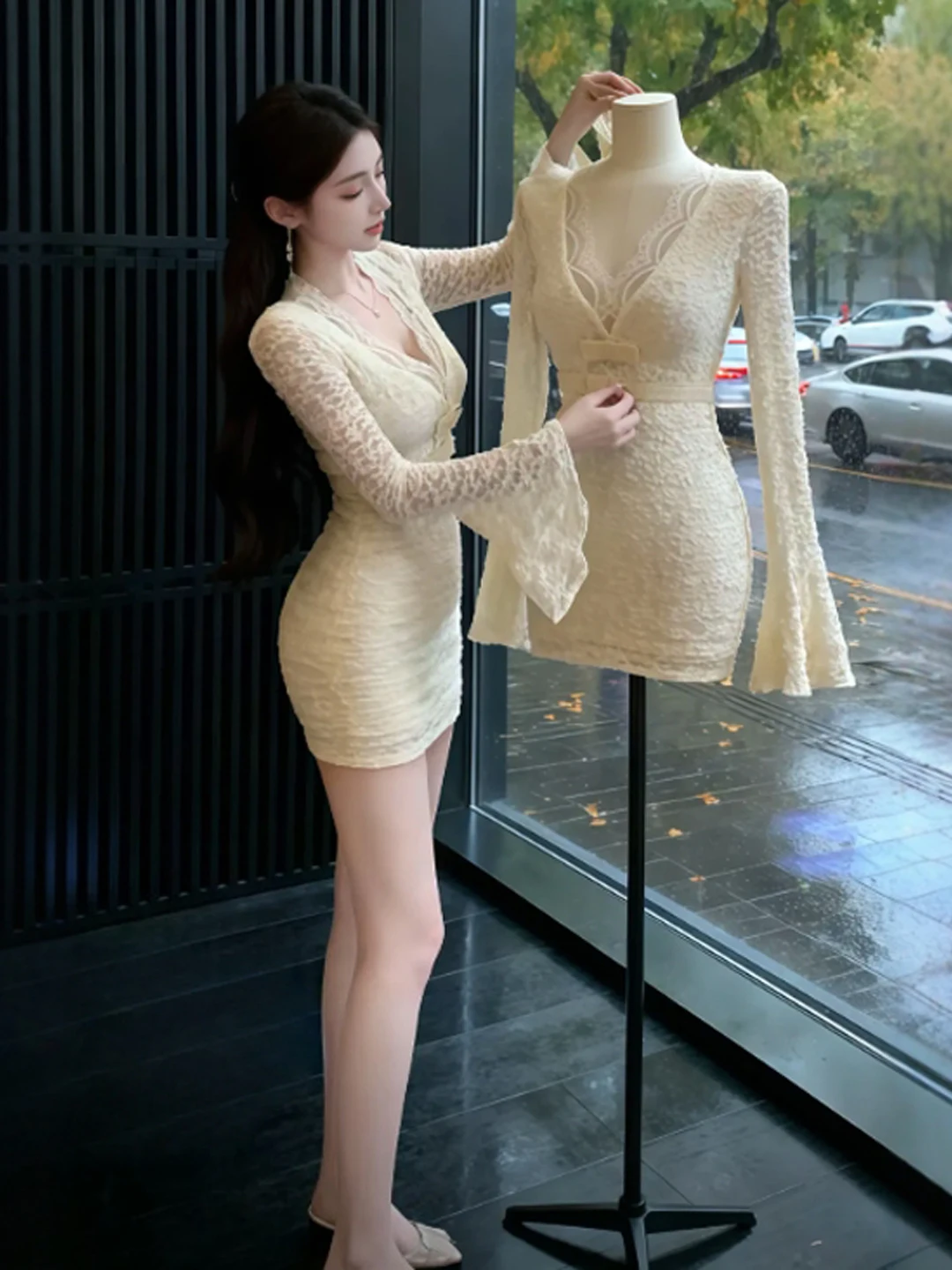 

Pure Desire Sexy V-ne Bell Sve Lace Slim Fit Bodycon Dr Winter Faionable Skirt Matching Coat Women's Clothing