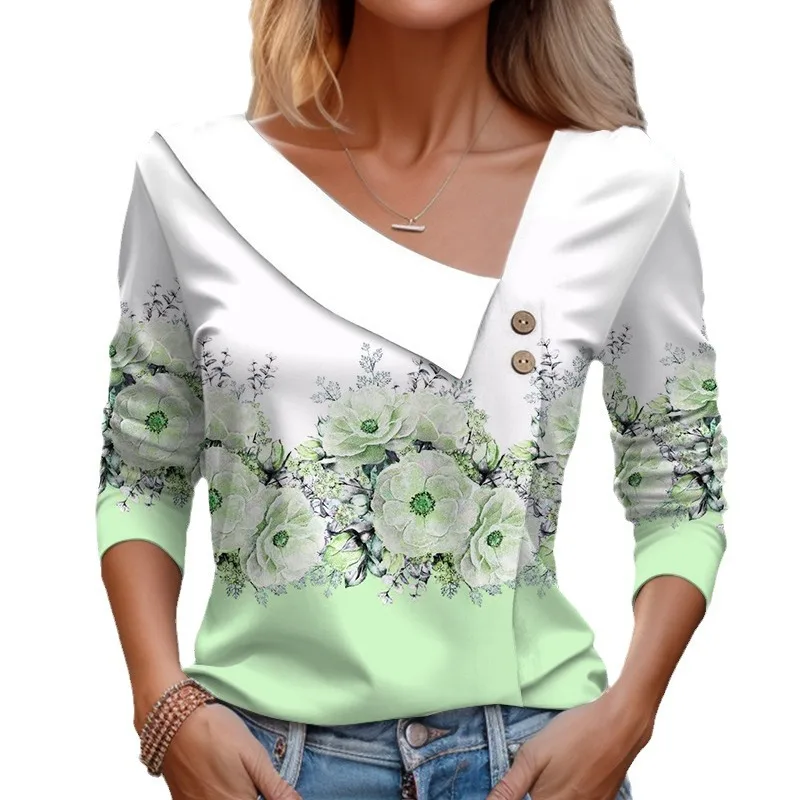 Floral Print Graphic T Shirt For Women Korean style Skew Collar Long Sleeve T-shirt Female 2023 Spring Autumn Office Top Tees