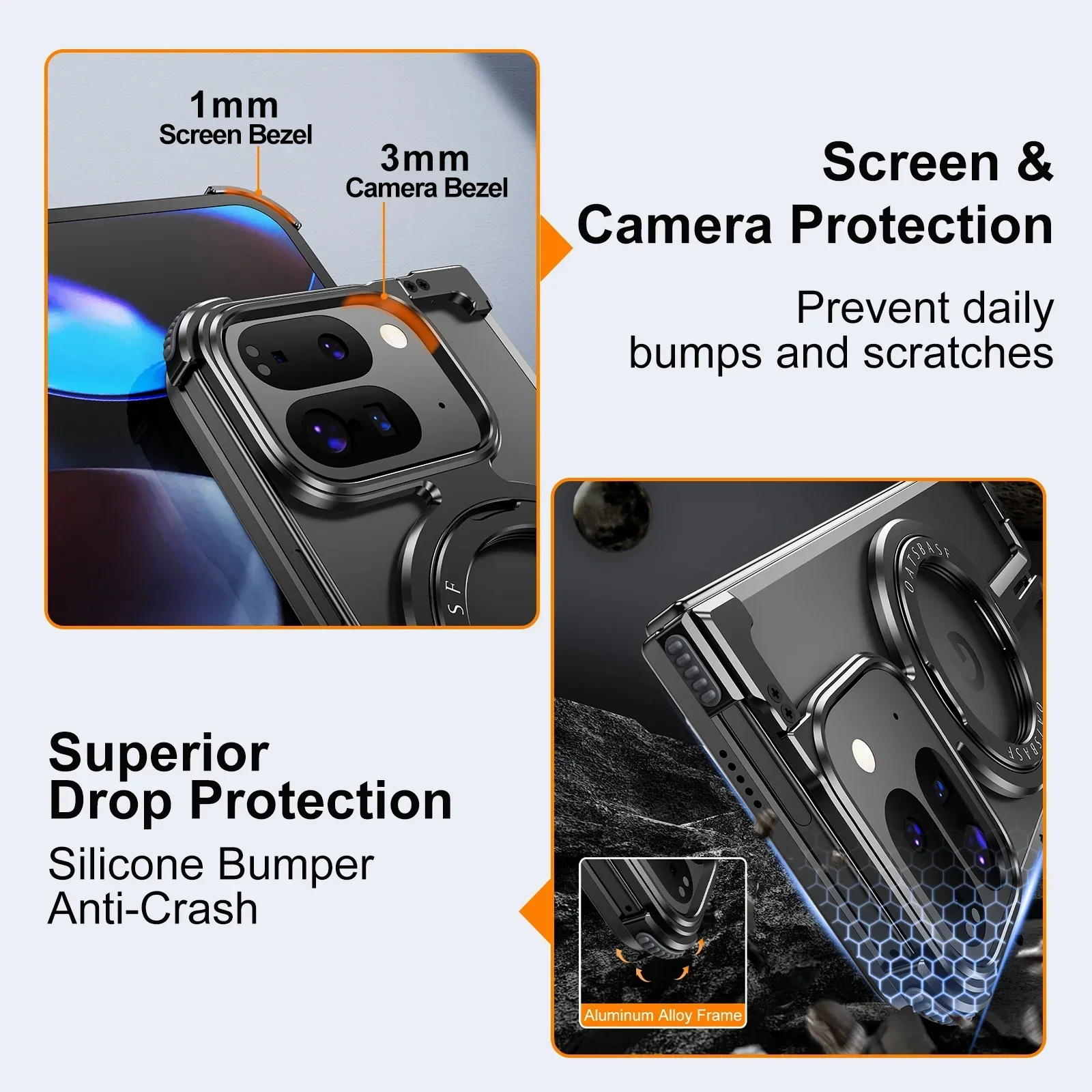 حافظة هاتف Oatsbasf معدنية بدون إطار لهاتف Google Pixel 9/9Pro/9Pro XL/9 Pro قابلة للطي مع مسند مغناطيسي غطاء حماية نحيف ممتص للصدمات #4