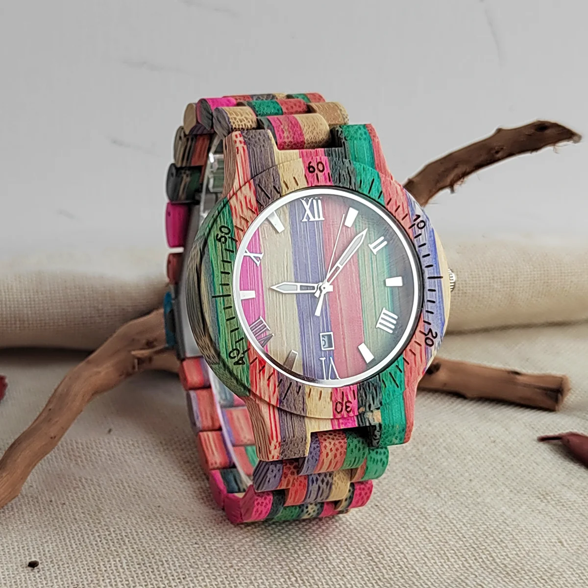 Fashion Men\'s Colorful Bamboo Quartz Watch Weekly calendar, Vintage Wooden Watch,Wood Wrist Watches Best Birthday Gift for Men