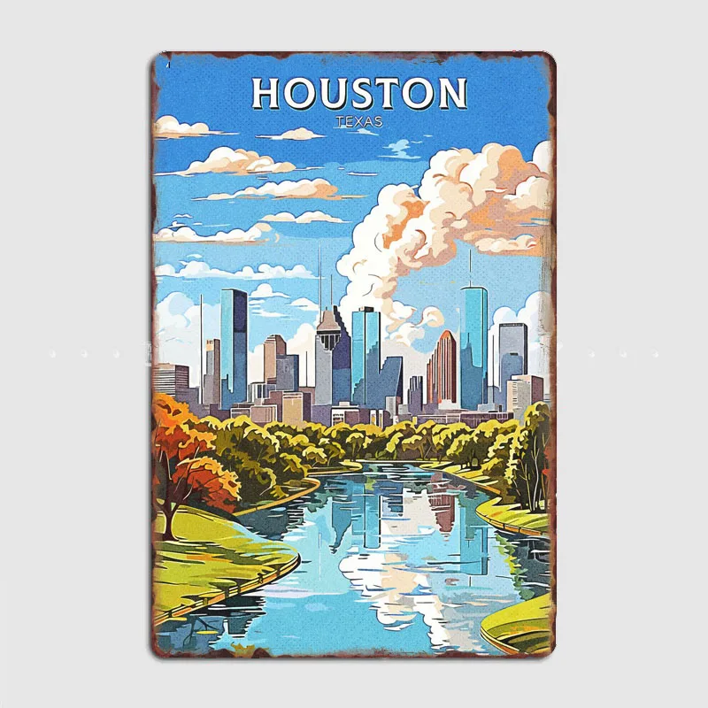 Houston Texas Travel Scenic Spot Posters Metal Sign Custom Kitchen Tin Wall Indoor Decor Drawing Room Decor Home Decor