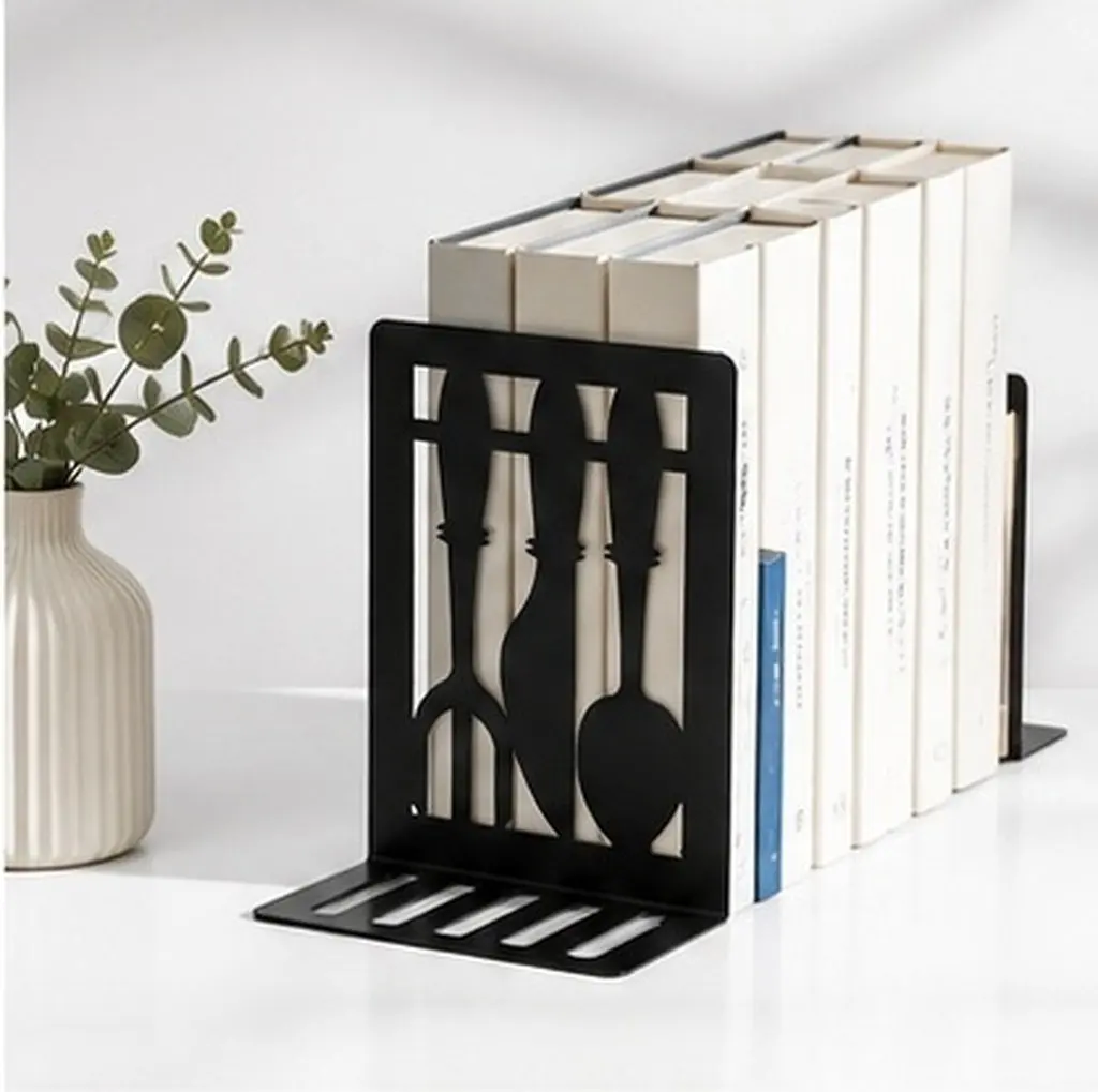 1Pair Metal Bookends Decorative Cutlery Design Book Holder Iron Recipe Organizer Delicate Bookend Study Accessory