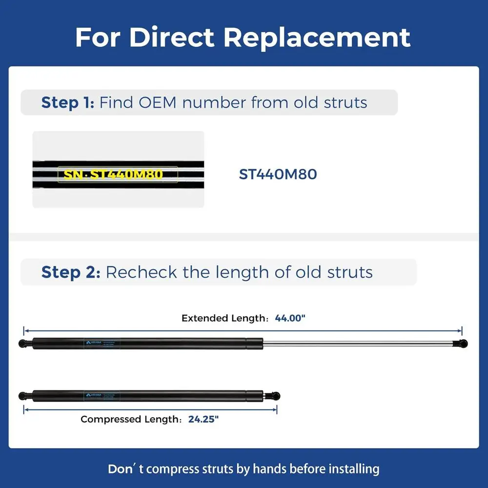 Suportes a gás extra longos 44 resistentes para cargas de 80LB, soquete esférico de 13MM, pacote com 2, adequados para reboques de snowmobile e cama de caminhão Cov
