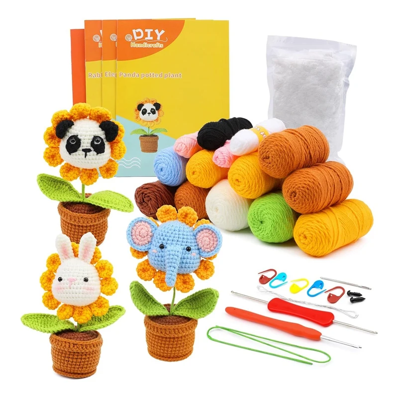 Crochet Kit For Beginners DIY Animal Panda,Elephant,Rabbit Crochet Kit Potted Crochet Knitting Kits Acrylic For Adults Beginner