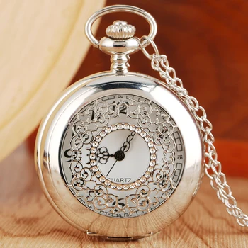 Vintage Pendant Hollow Exquisite Grilles Elegant Retro Gift Men Women Pocket Watch with Silver Quartz Necklace Chain Pocketwatch