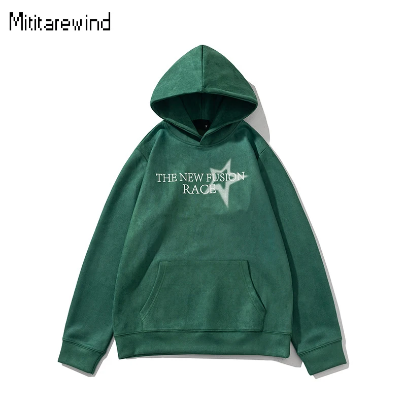 

High Street Men's Oversized Hoodie Spring Streetwear American Retro Suede Hoodies Star Printed Hoodies Fashion Youth Sweatshirts