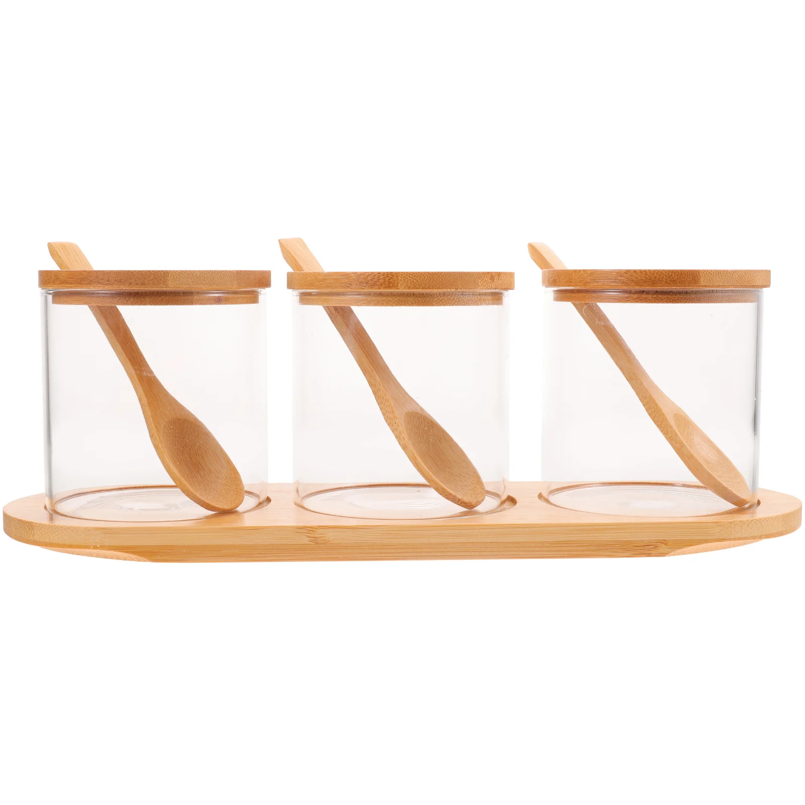

3 Glass Bamboo Tray Sugar Containers For Kitchen Set Salt Pepper Bowls Round Containers Kitchen Salt Sugar Pepper Storage