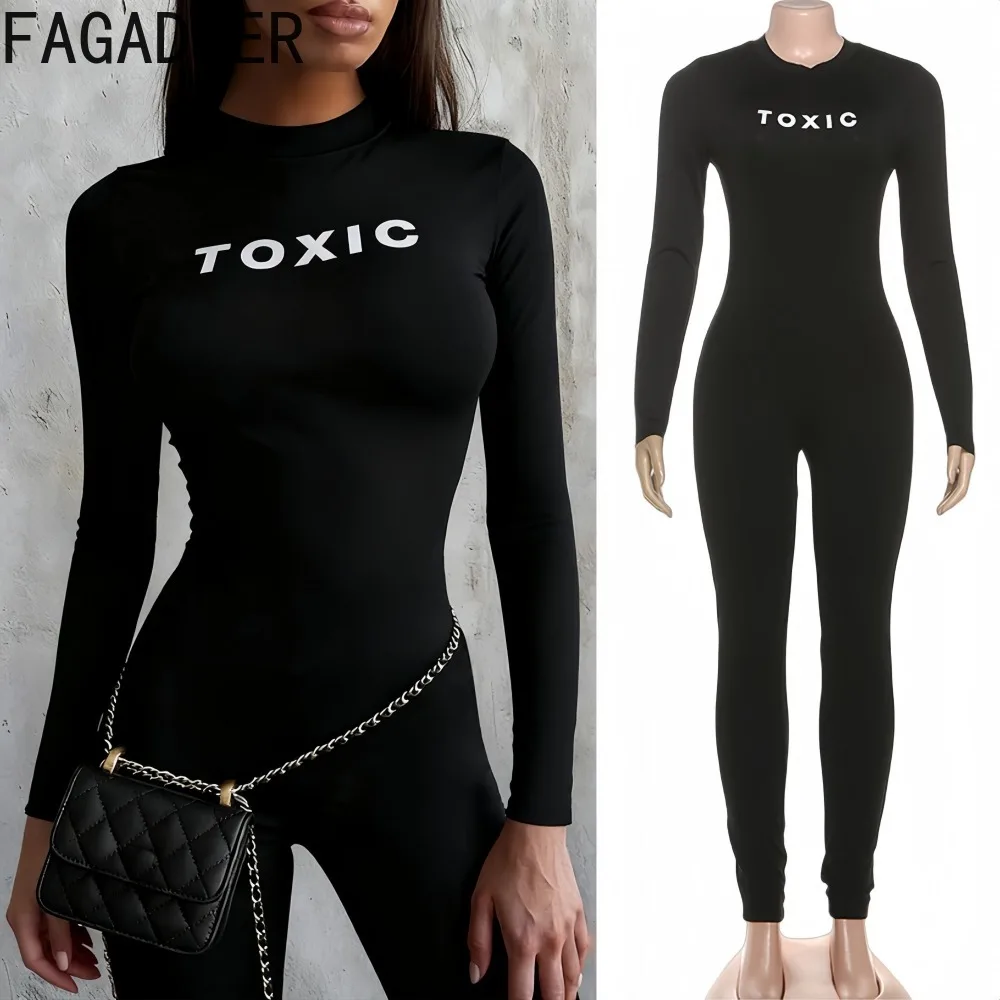بدلة قفز ضيقة مثيرة مطبوعة بحروف من FAGADOER للنساء بلون سادة ورقبة دائرية وأكمام طويلة ملابس خروج نسائية