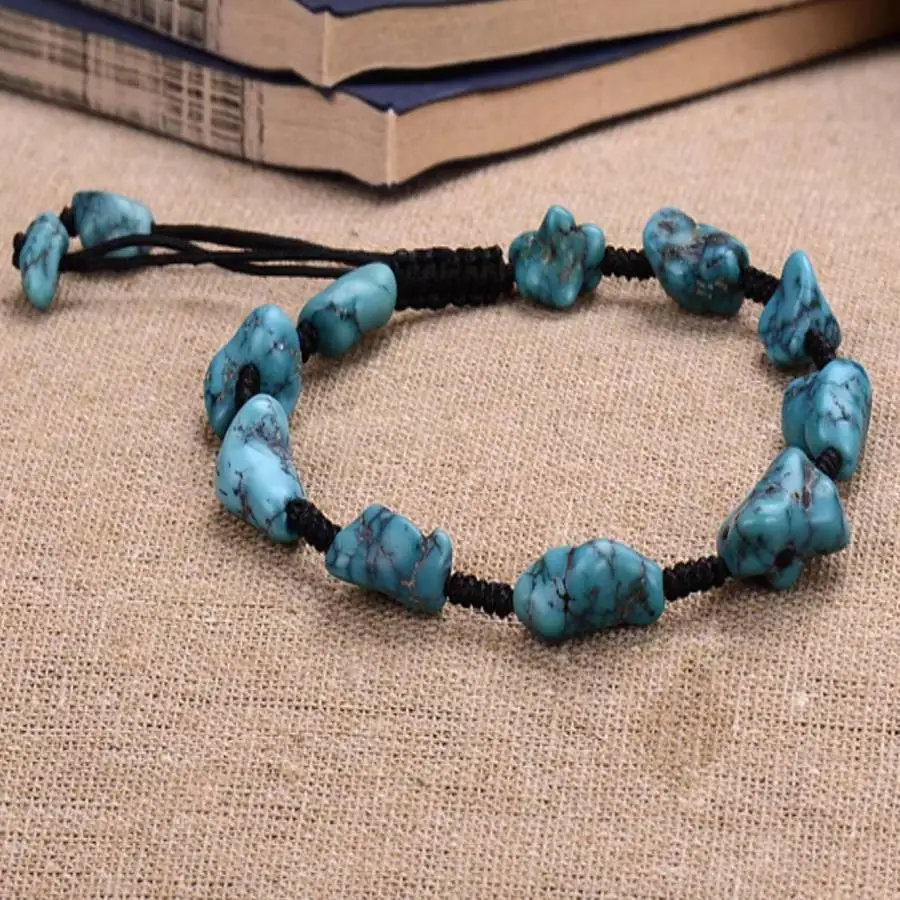 

Вязаный браслет ручной работы из натуральных бирюзовых минеральных бусин неправильной формы, мужской браслет-манжета на пуговицах, браслет из молитвенных бусин Рамадана