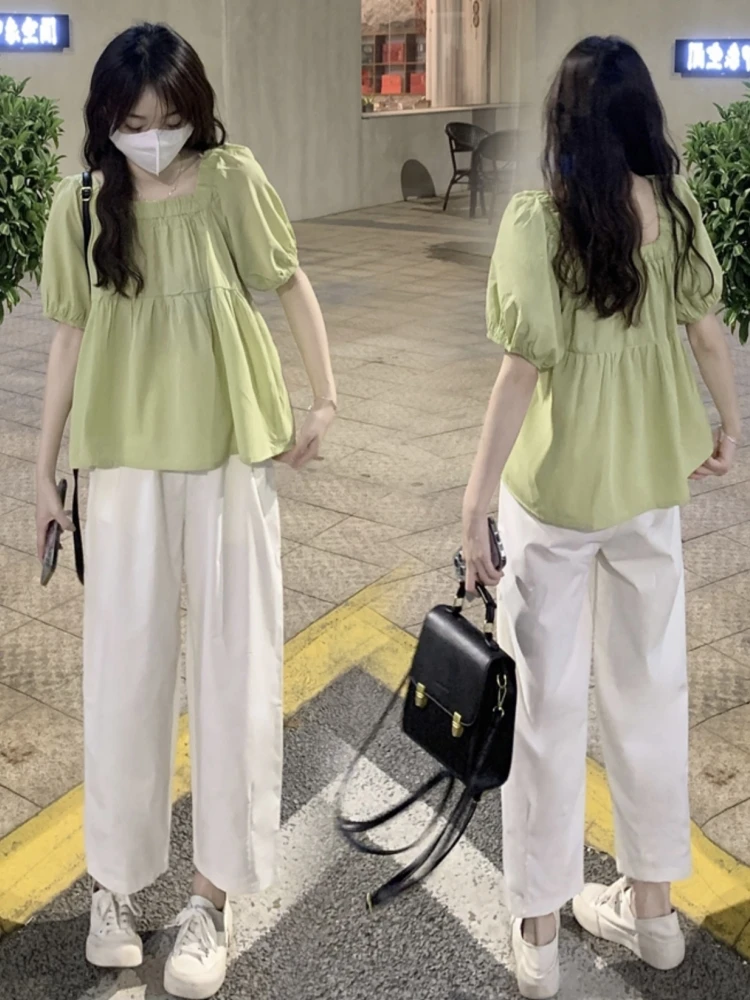 

Slimming Doll Shirt And Wide Leg Pants Set Women's Summer Clothing plus Size Square Collar Two Piece Set Cotton Blend