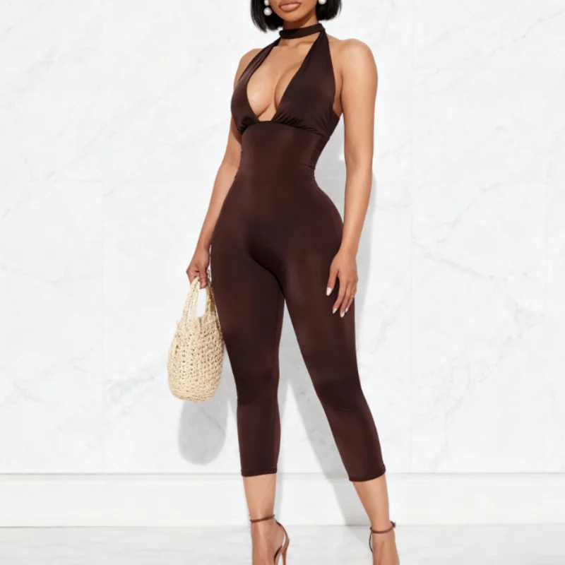 

2025 Новый сексуальный и популярный девушечный комбинезон с глубоким V-образным вырезом и открытой спиной, модный и утягивающий однотонный комбинезон для йоги
