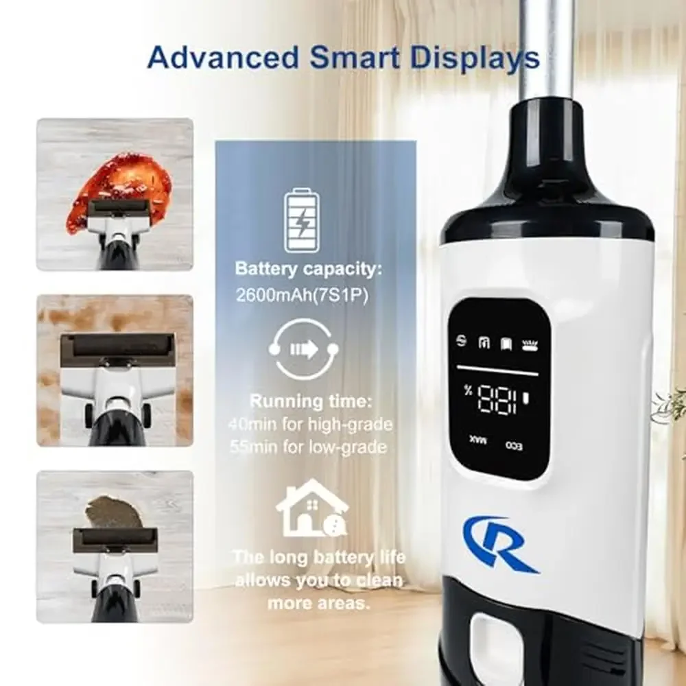 Vacuum Mop Combo Cordless Smart Display All-in-One Wet Dry Cleaner 14000Pa Suction HEPA Filter Lightweight Silent Operation Long