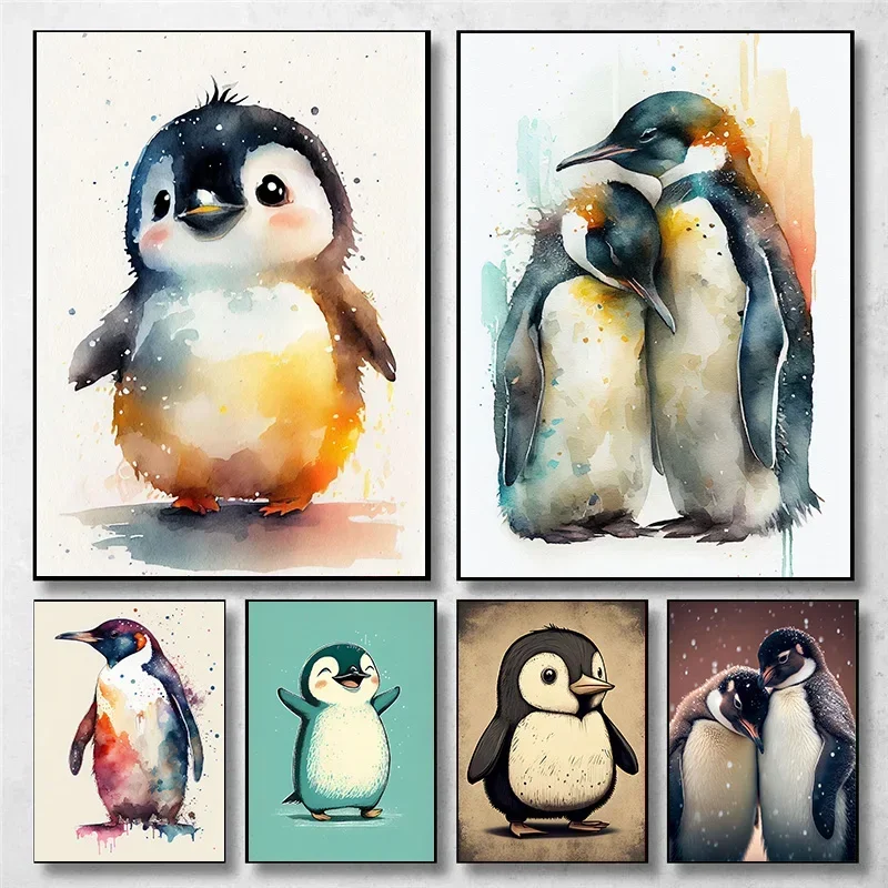 Cute Funny Retro Animal Penguin Couple Animal Art Poster Can