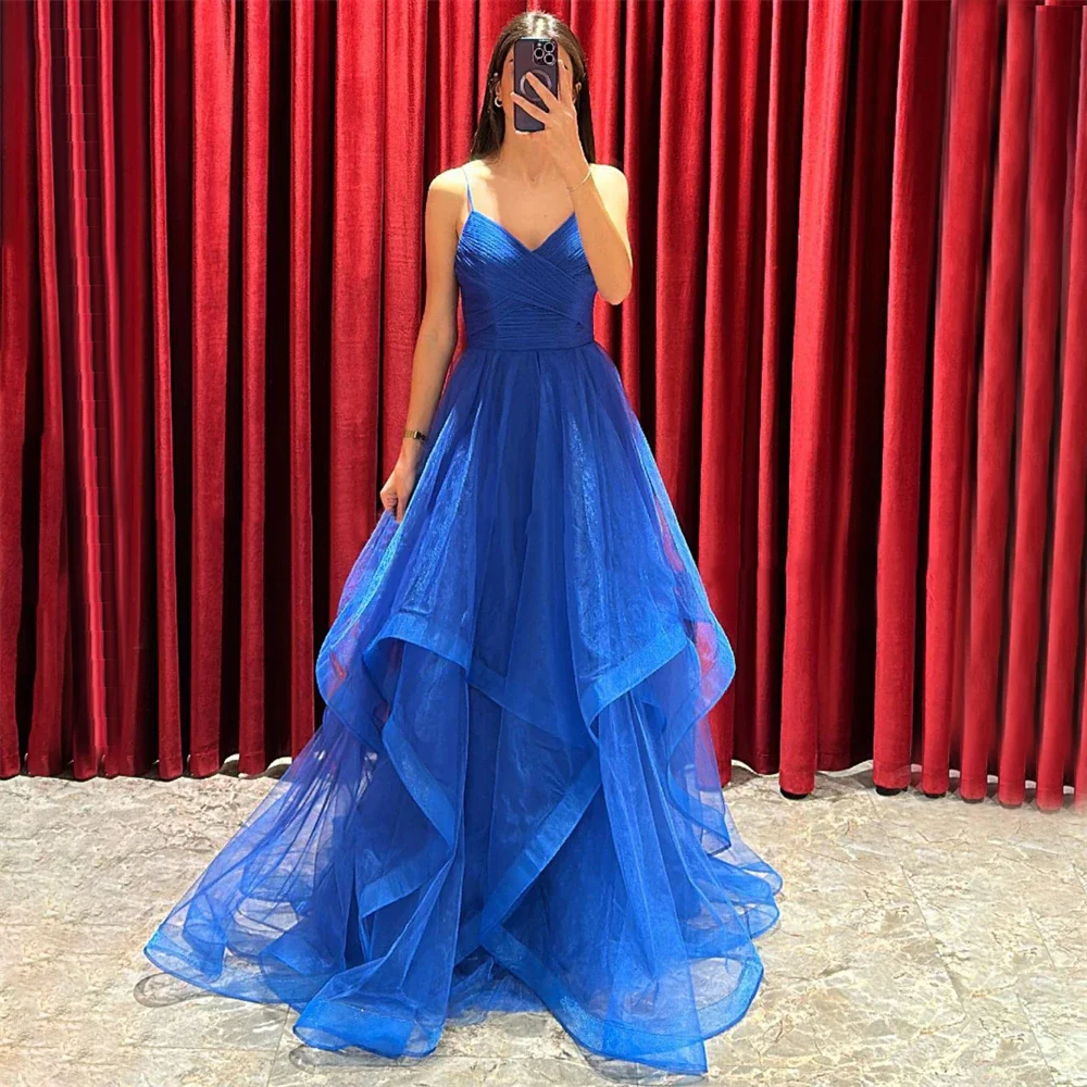 

Glitter Evening Dresses V-Neck A-Line Tiered Ruffles Spaghetti Strap Long Prom Gown Backless Sleeveless Floor-Lengt Simple Party