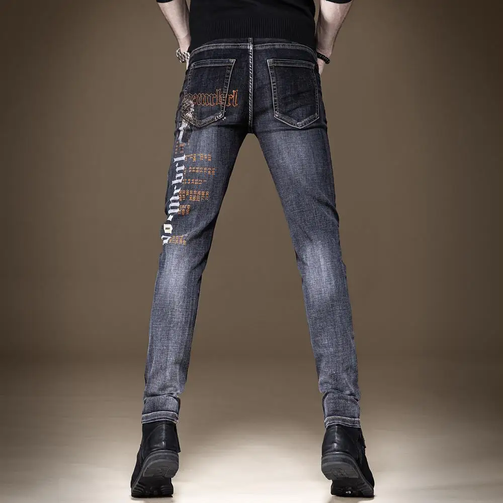 High Quality Men’s Slim-fit Stretch Gray Denim Pants,Trendy Printing Decors Casual Pants, Stylish Sexy Street Jeans Pants;