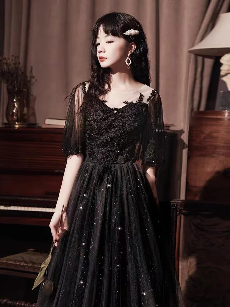 Elegante lentejuelas exquisito apliques de cuentas vestidos de graduación Línea A media manga francés largo banquete Vestido de fiesta de noche Vestido de fiesta