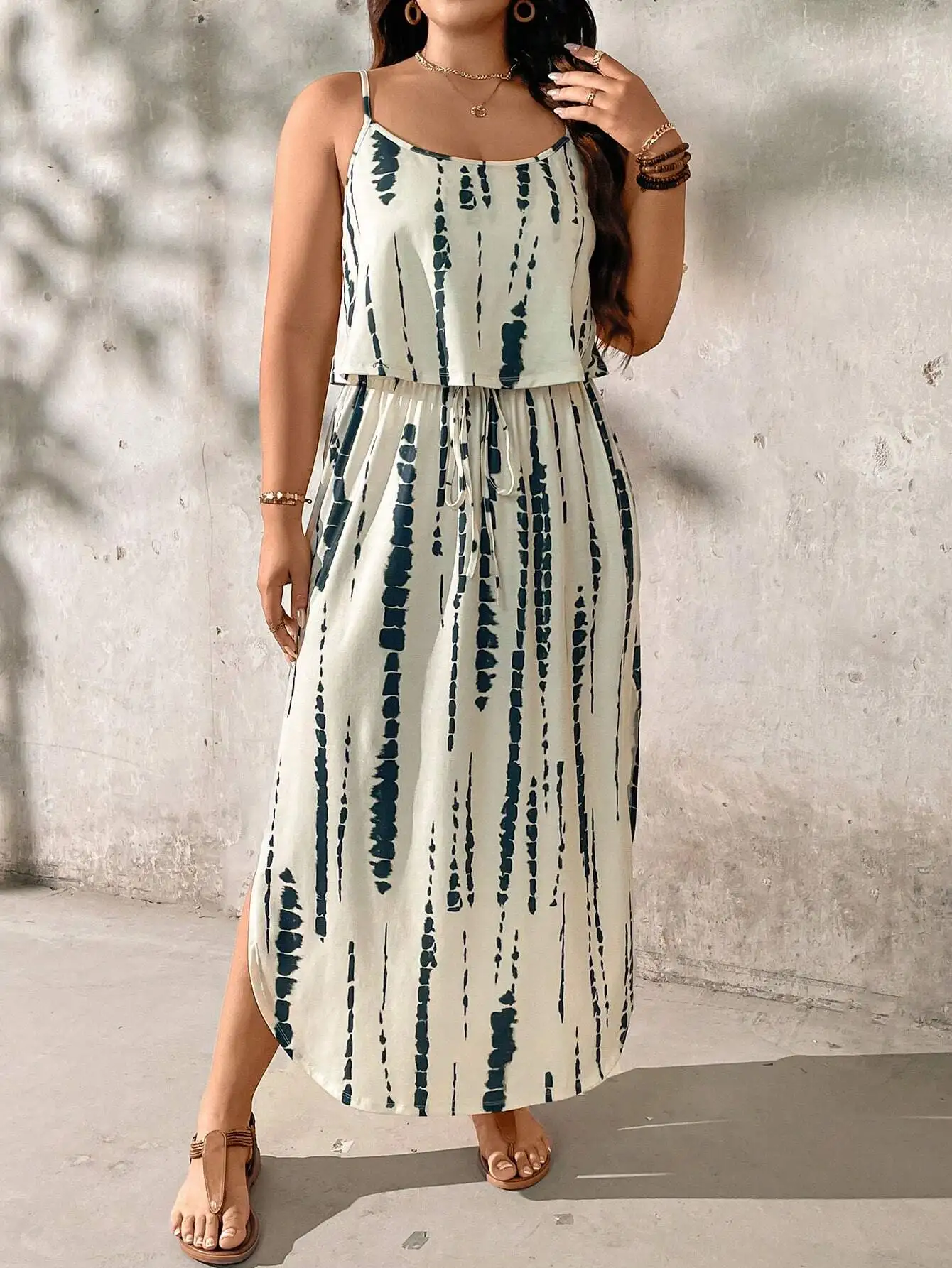 

Plus Size Tie Dye Maxi Dress With Slit And Cinched Waist For Summer