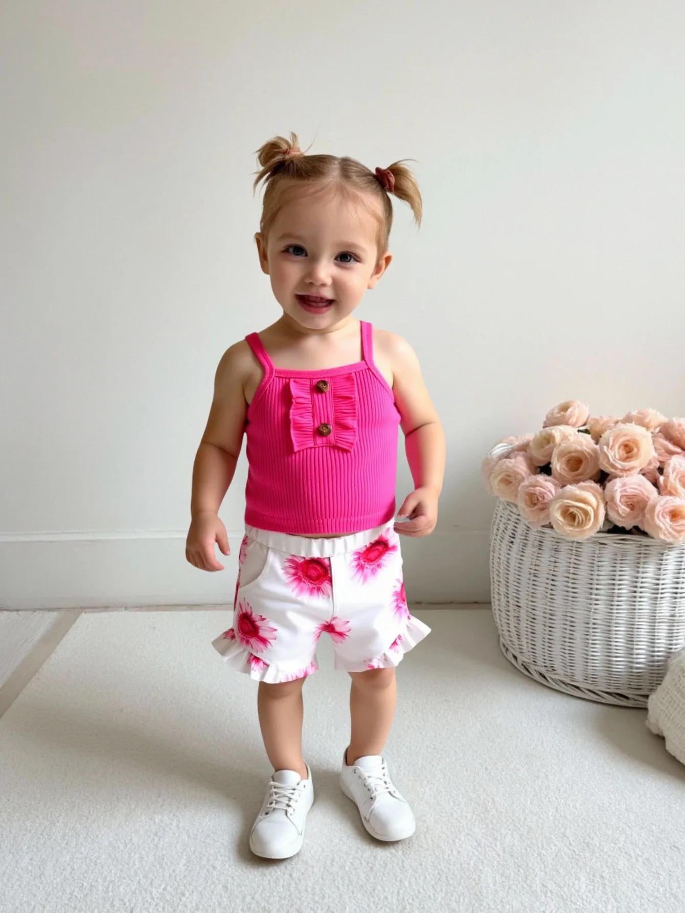 2 Pieces of baby Girl's Casual Cute Elastic Criss-Cross Strap Top and Daisy Full-Print Shorts for Summer