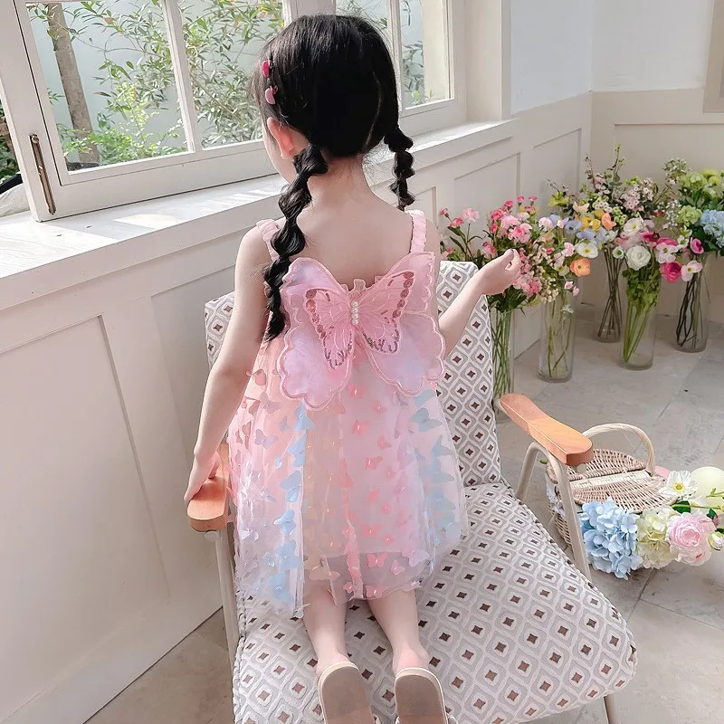 Big Butterfly Decoration Gauze Cotton Sling Dress Stereoscopic Kids Girs Vestido Summer Princess Wedding Birthday Party Dresses