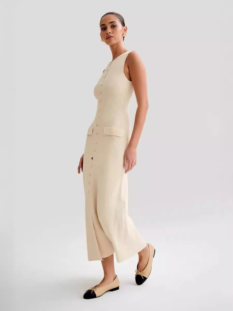 Verão 2025 feminino de malha único breasted vestido longo cor sólida sem mangas em torno do pescoço botão estilo apertado elegante