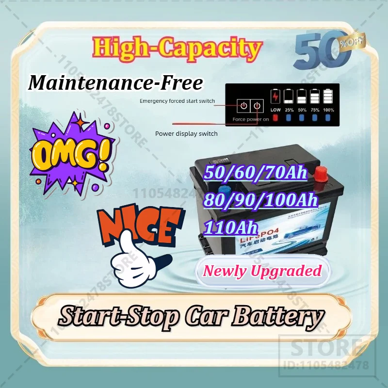 Upgraded 12V LiFePO4 Car Starter Battery Maintenance-Free High Capacity AGM Start-Stop Lead-Acid Direct Replacement Power Supply