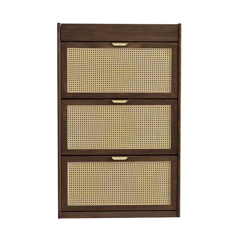 

North American black walnut shoe cabinet ultra-thin woven rattan breathable large capacity flip bucket shoe cabinet