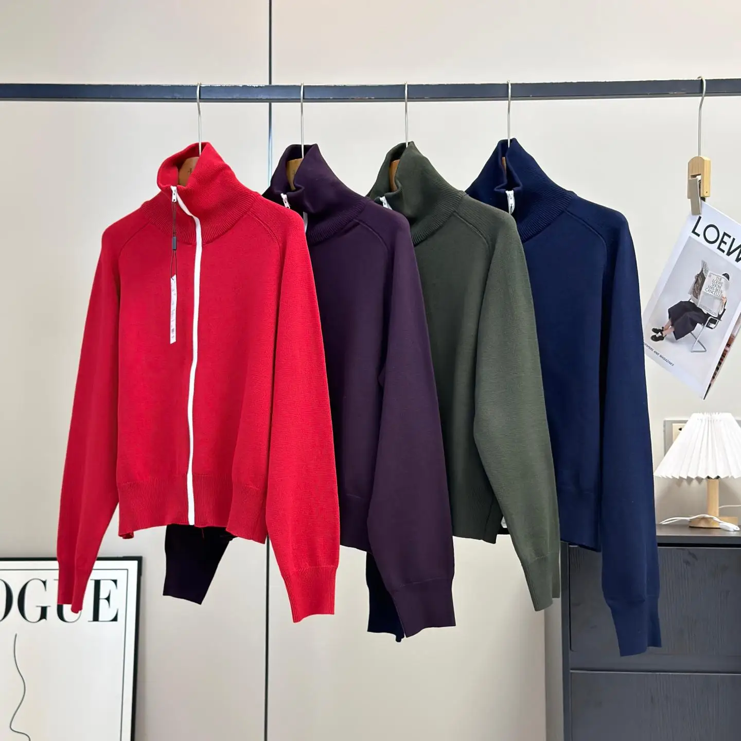 Autumnal Two-Way Wear High Neck Ribbed Zipper Knitted Open Cardigan Simple Style Women's Short Outerwear Knitwear Jacket