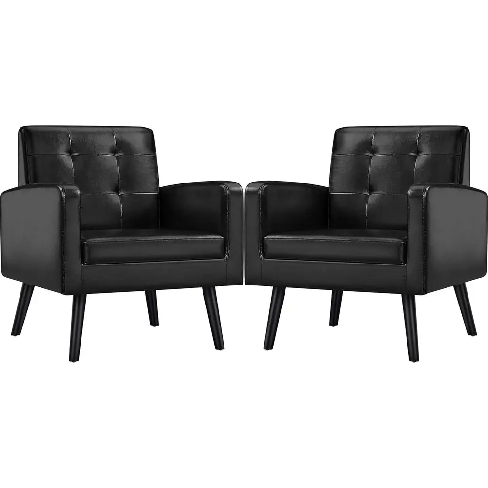 

-Century Accent Chairs, PU Leather ern Upholstered Living Room Chair, Cozy Armchair Button Tuted Back and Wood Legs or Bedroom/O