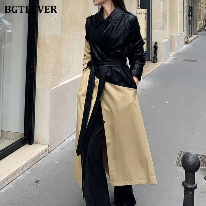 BGTEEVER Stylish Patchwork Women PU Leather Windbreaker Winter Long Sleeve Loose Lace-up Long Trench Coats for Women - view 2