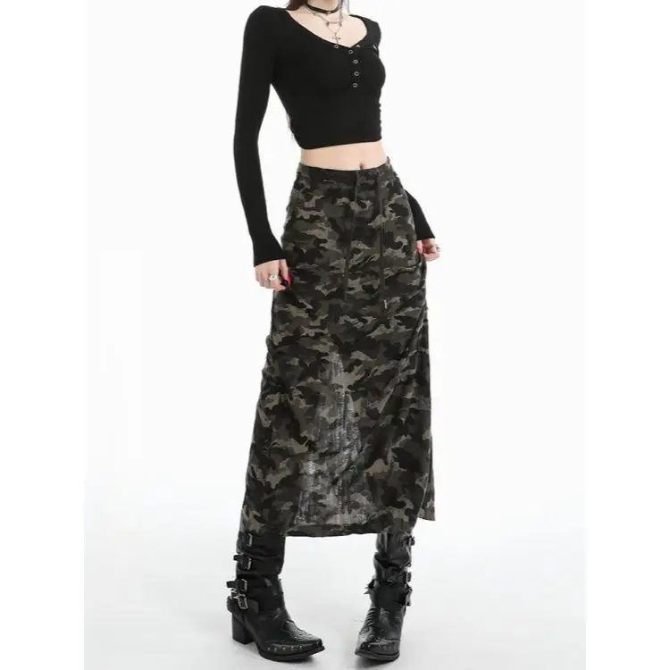 

Ретро-камуфляжная юбка миди с высокой талией и разрезом, прямого кроя, осенняя коллекция 2026, новая модель свободного кроя